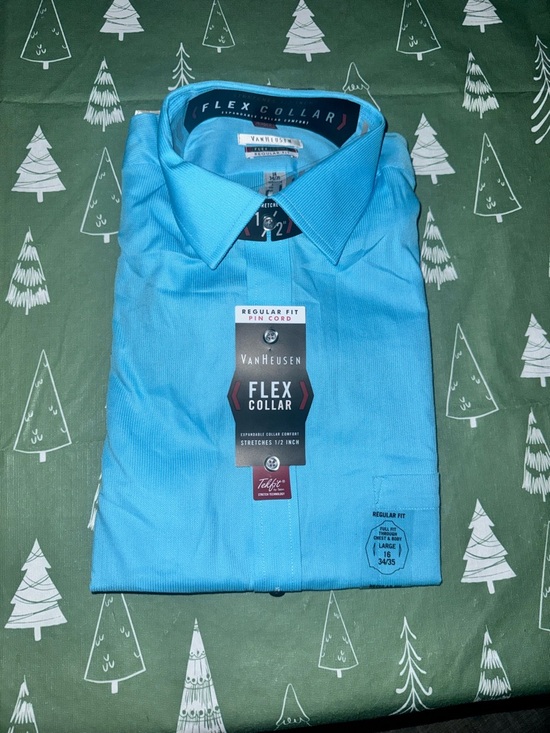 Van Heusen Other - Van Heusen Flex Collar Dress Shirt Men 16 34/35 L Regular Fit Pin Cord Lite Blue
